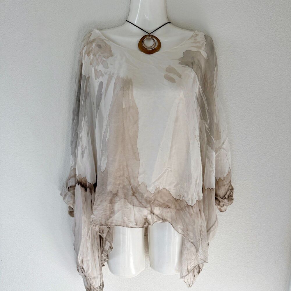 Scandal Ivory/Tan Silk Scoop Neck Layered Floaty Italian-Made Blouse One Size